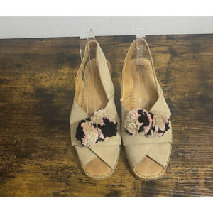 Naguisa‎ Espadrille Peep Toe Sandals Sz 11 Beige Pom Poms Ankle Strap